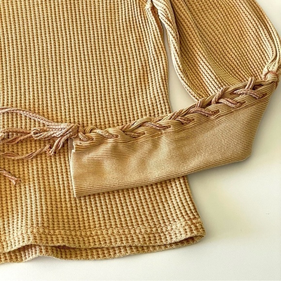 Free People One Tasha Thermal Waffle Knit Lace Up Puff Sleeve Top Dark Yellow XS - Picture 15 of 15